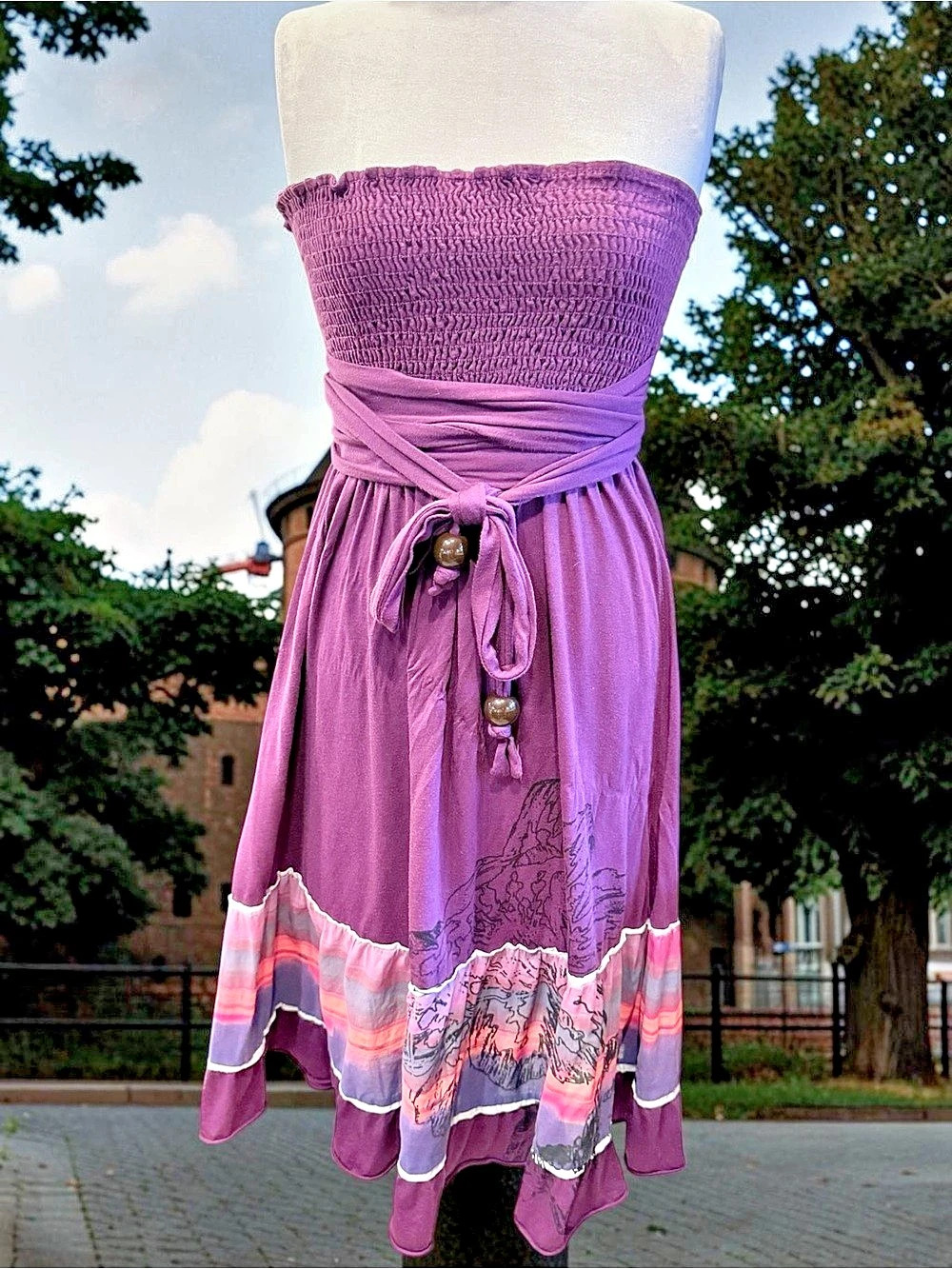 Scrapbook Originals Purple Floral Smocked Bodice Tube Dress Tie Belt Sz M Boho